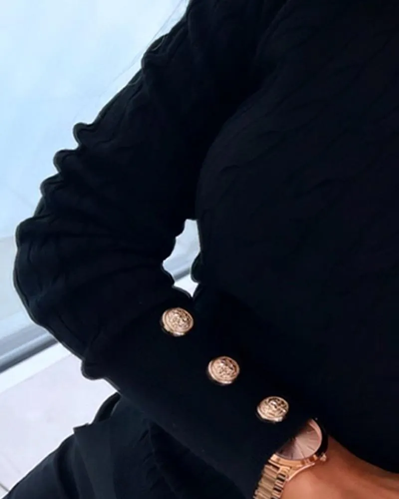 O neck Long Sleeve Buttoned Braided Knit Sweater
