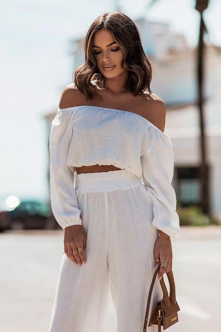 Off-Shoulder Top Straight pants Suit