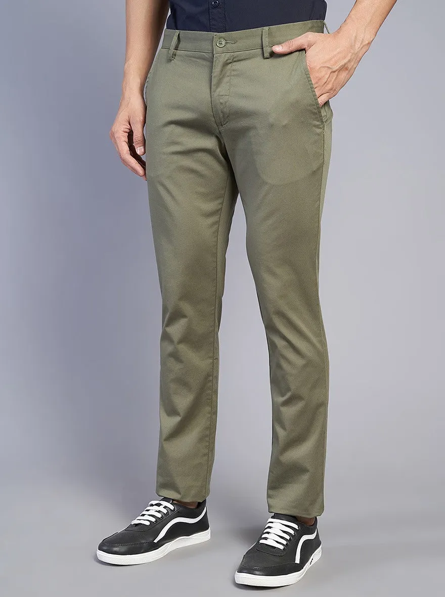 Olive Green Solid Super Slim Fit Casual Trouser | Greenfibre