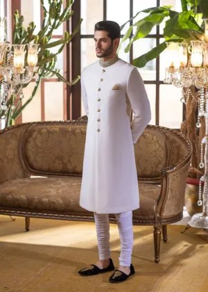 Pearl White Woven Jacquard Fabric Pakistani Groom Sherwani