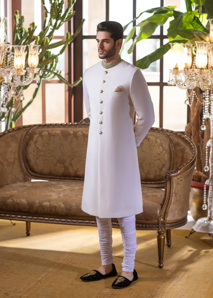 Pearl White Woven Jacquard Fabric Pakistani Groom Sherwani