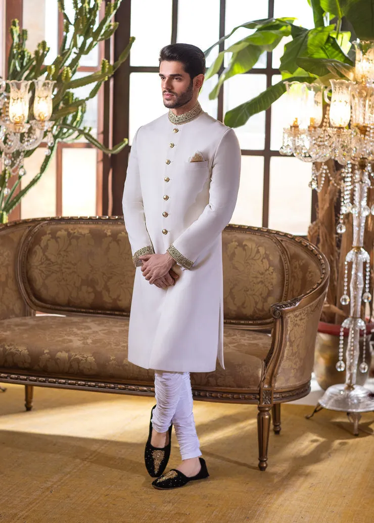 Pearl White Woven Jacquard Fabric Pakistani Groom Sherwani