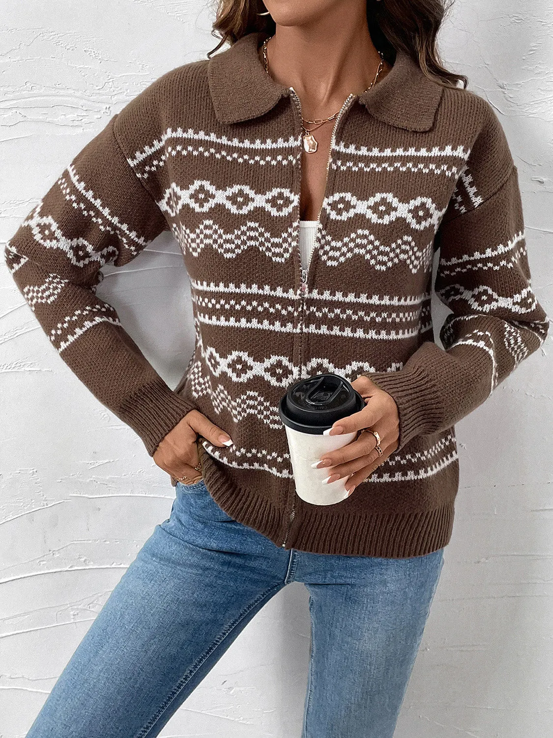 Perfee | Geometric Cardigan with Collar and Long Sleeves