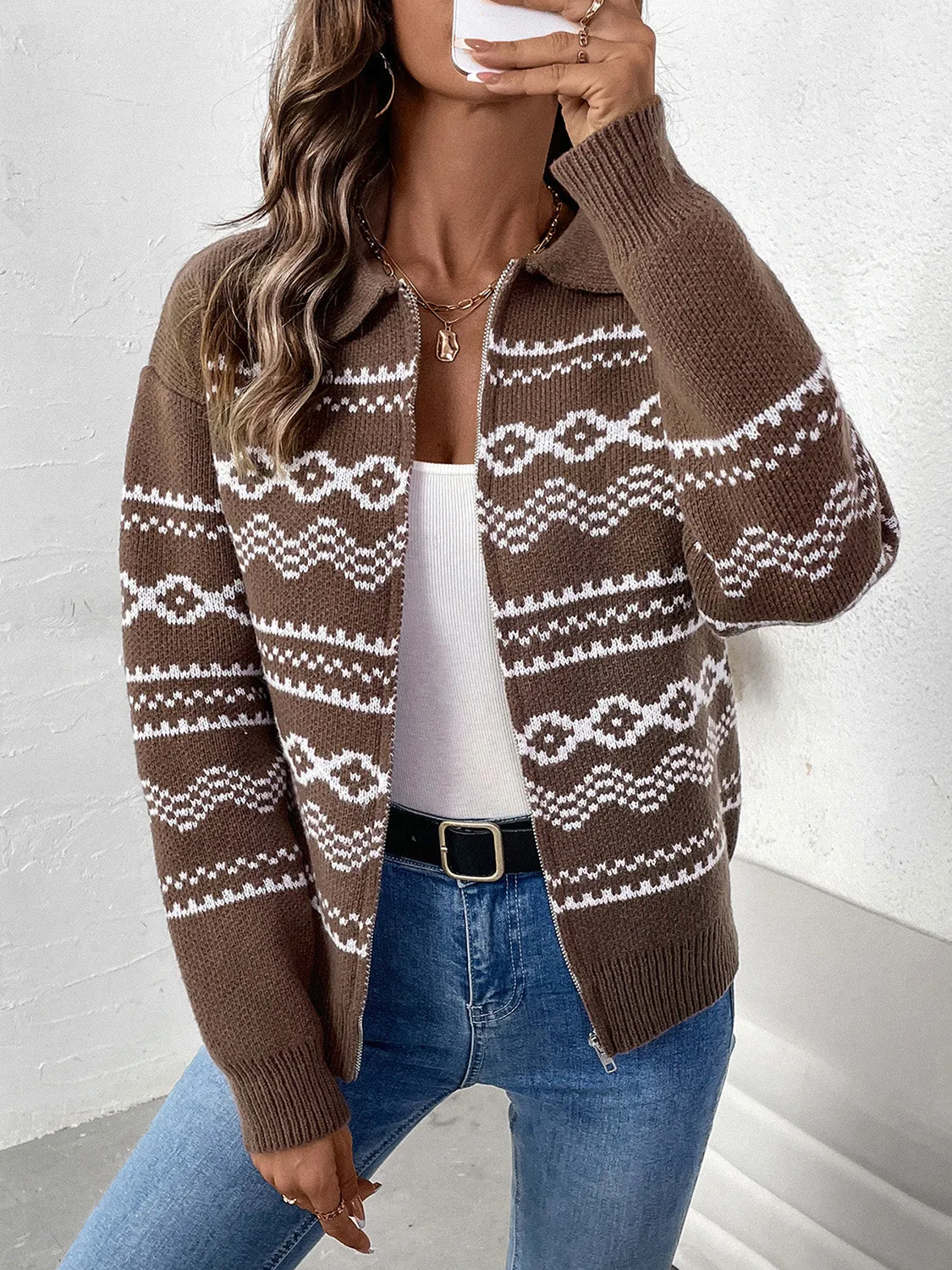 Perfee | Geometric Cardigan with Collar and Long Sleeves