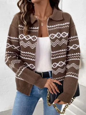 Perfee | Geometric Cardigan with Collar and Long Sleeves