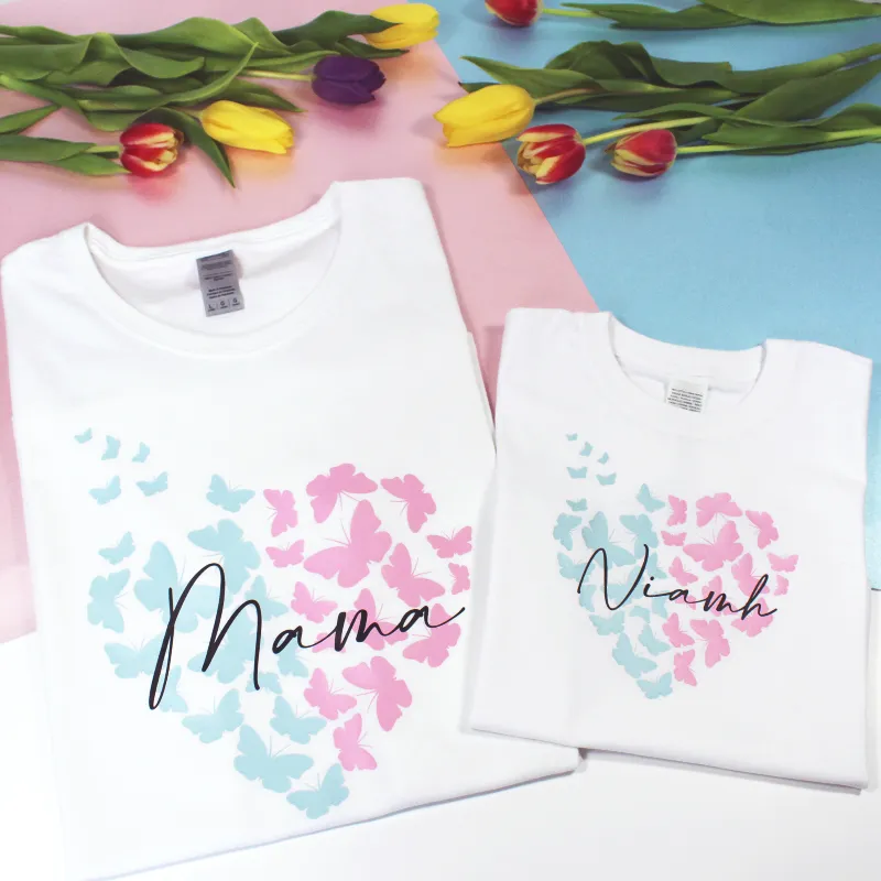 Personalised Matching Mama and Kid Pastel Heart Butterflies T-shirts