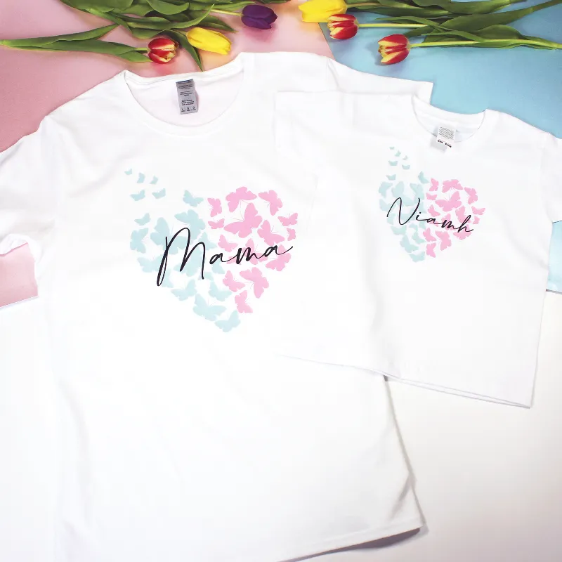 Personalised Matching Mama and Kid Pastel Heart Butterflies T-shirts