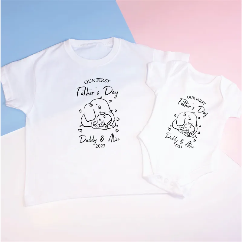Personalized Our First Father's Day Elephant Matching T-Shirt and Baby Vest