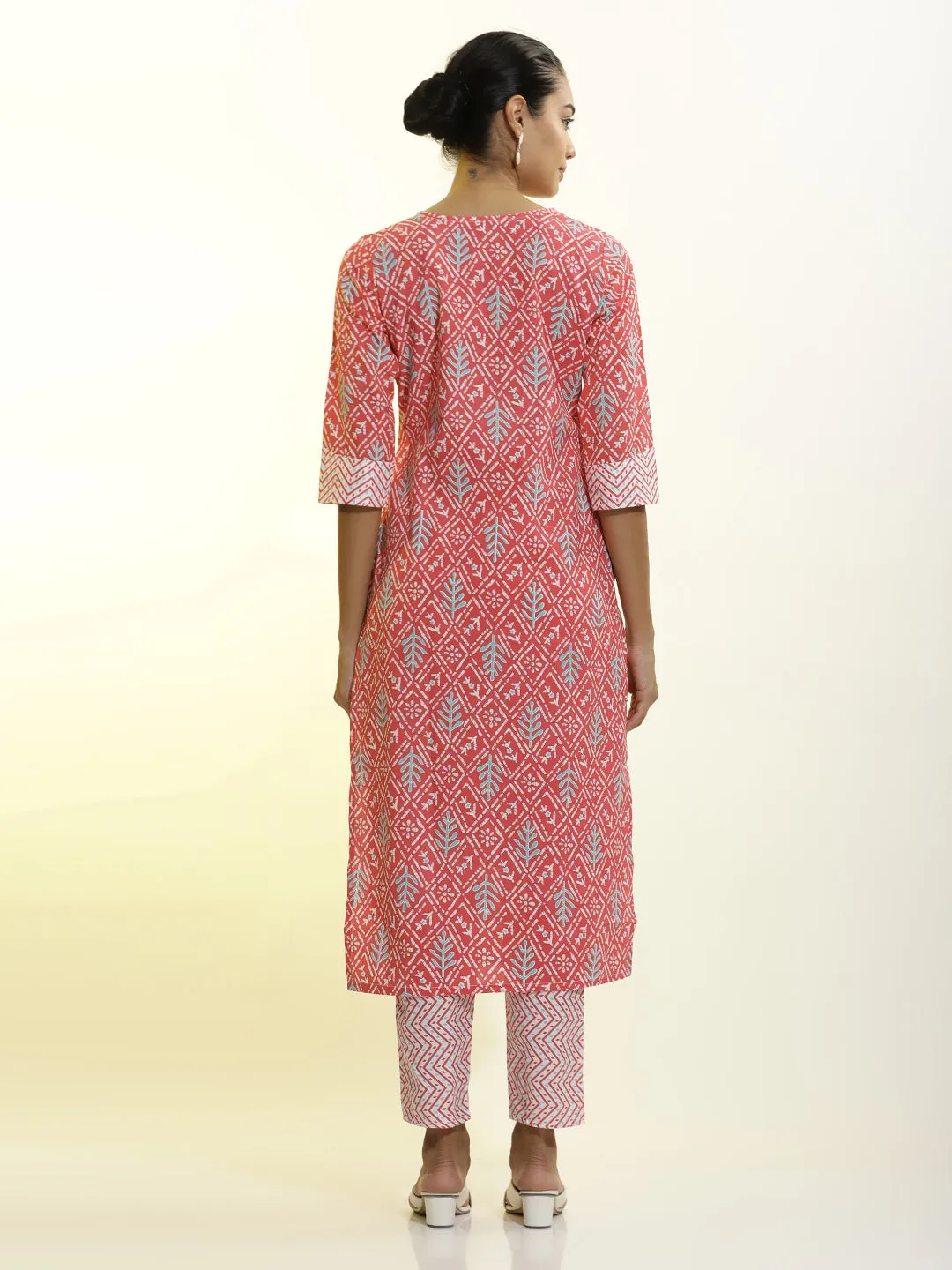 Pink Cotton Printed Straight Kurta Set