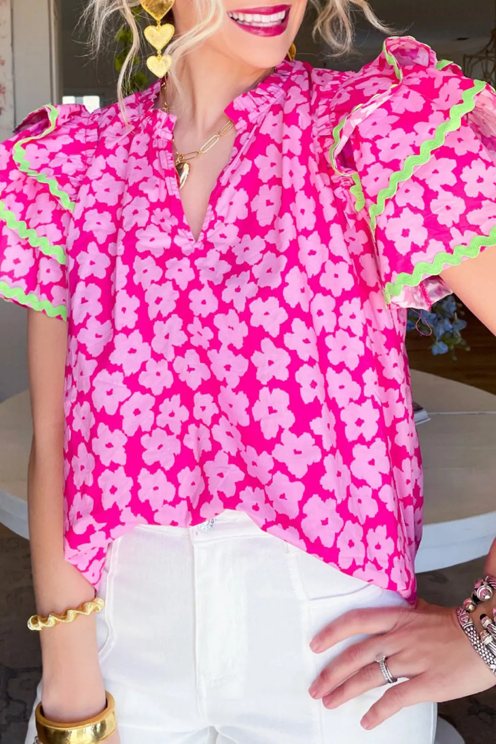 Pink Floral Contrast Ric Rac Layered Ruffle Sleeve Blouse