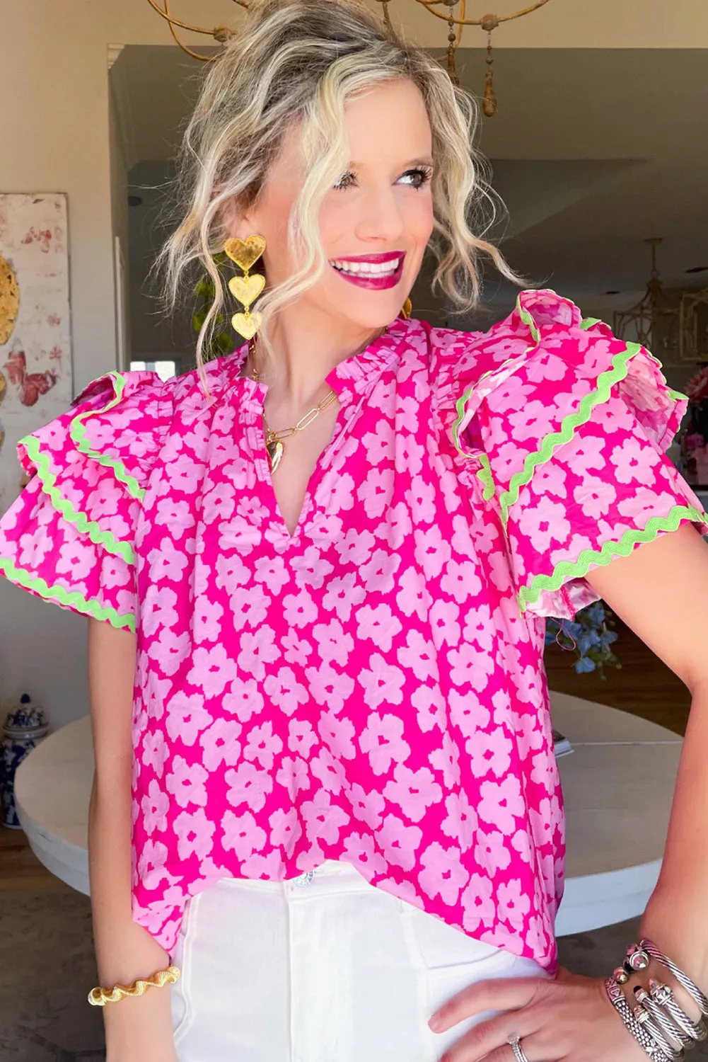 Pink Floral Contrast Ric Rac Layered Ruffle Sleeve Blouse