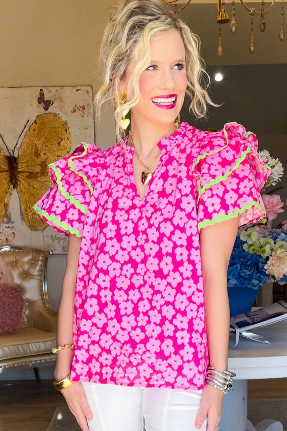 Pink Floral Contrast Ric Rac Layered Ruffle Sleeve Blouse