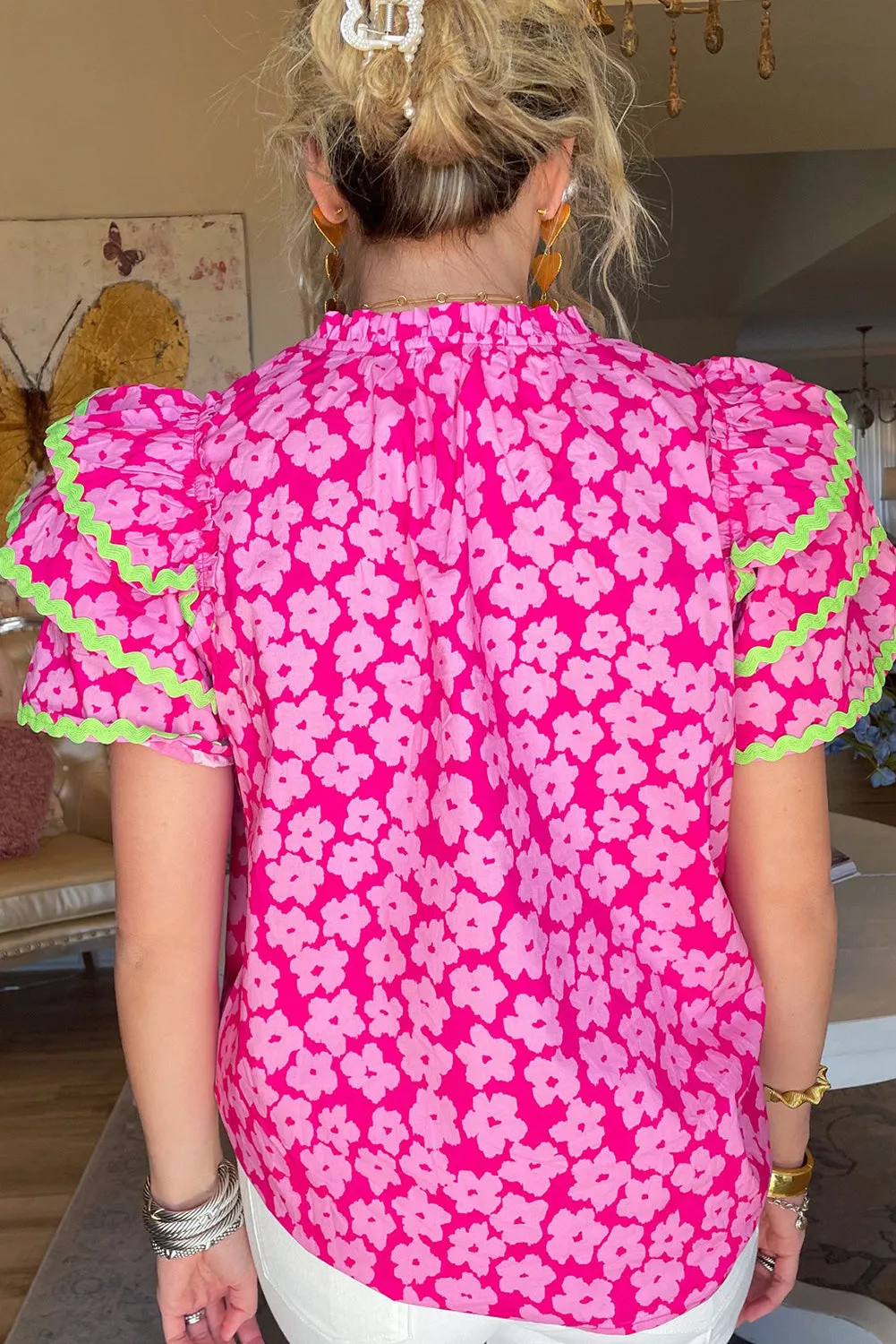 Pink Floral Contrast Ric Rac Layered Ruffle Sleeve Blouse
