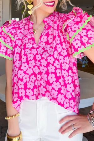Pink Floral Contrast Ric Rac Layered Ruffle Sleeve Blouse