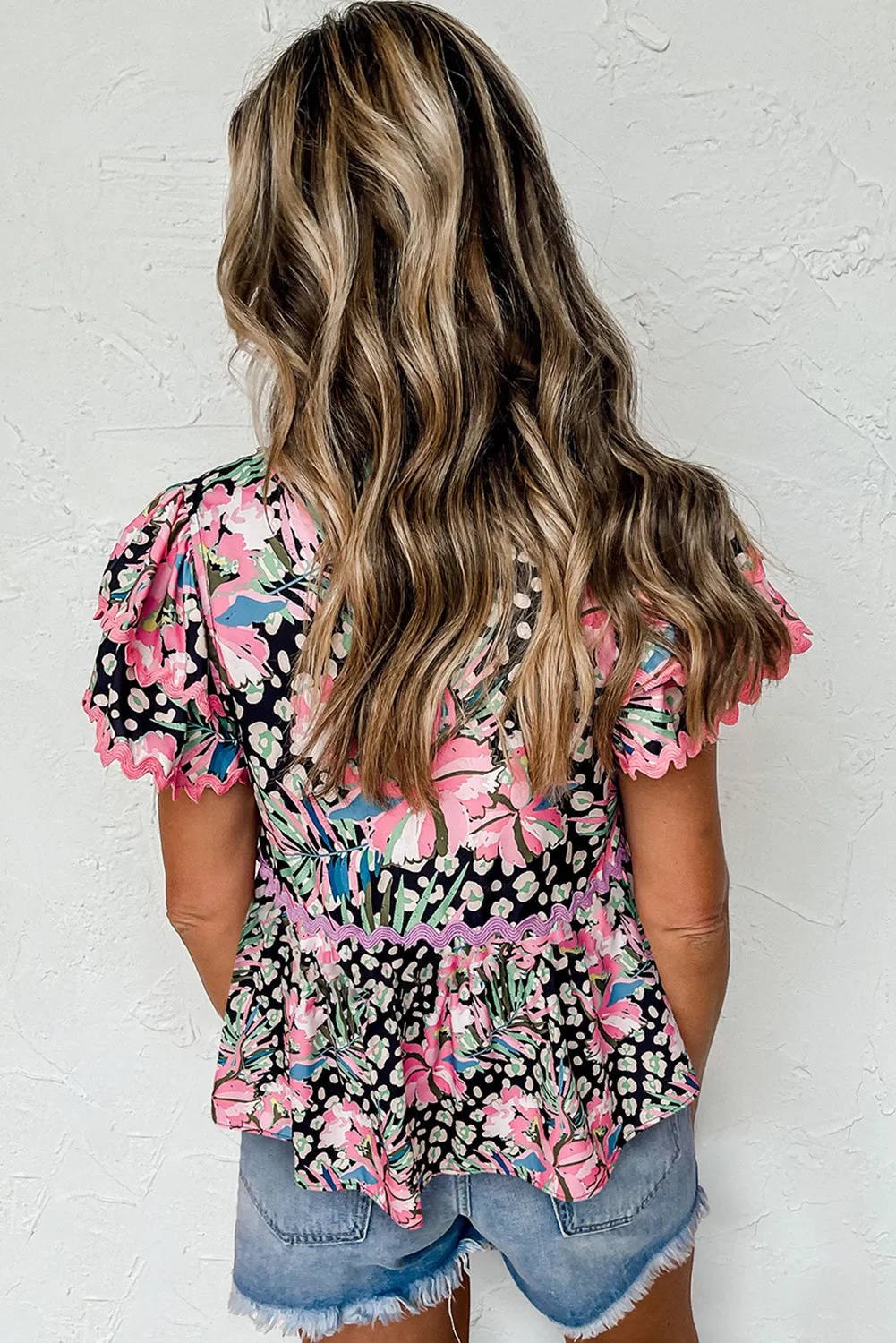 Pink Floral Leopard Print Scalloped Short Sleeve Blouse