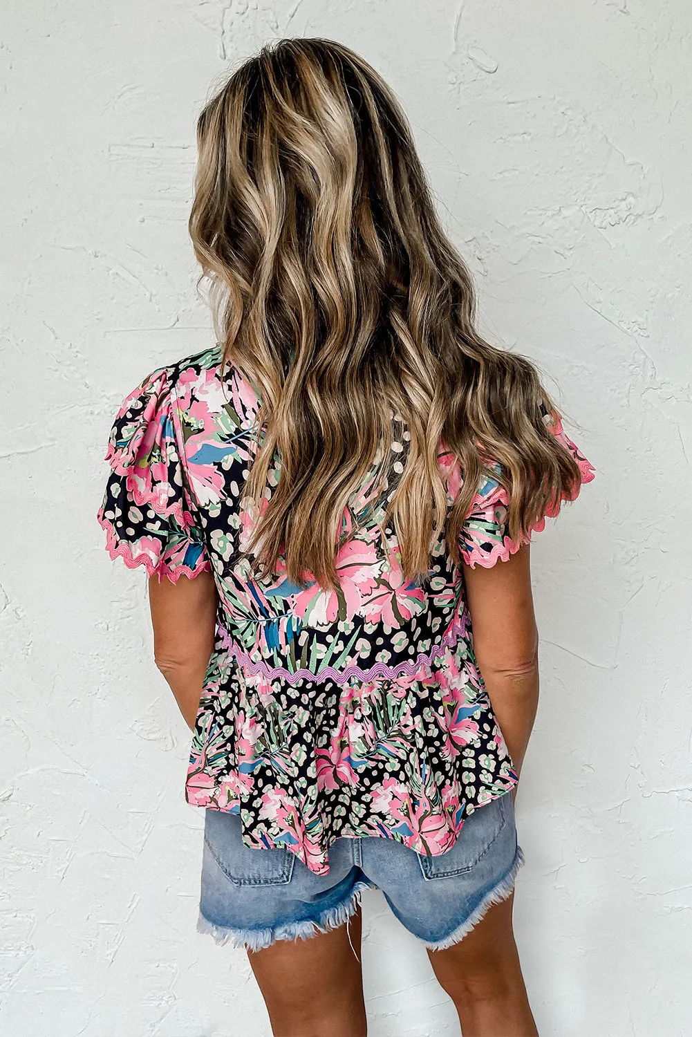 Pink Floral Leopard Print Scalloped Short Sleeve Blouse