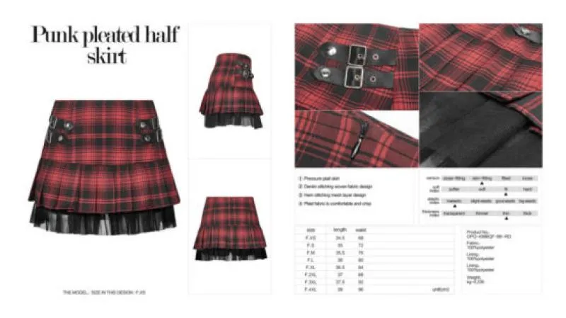 Plaid Pleated Half Skirt - Red/Black -