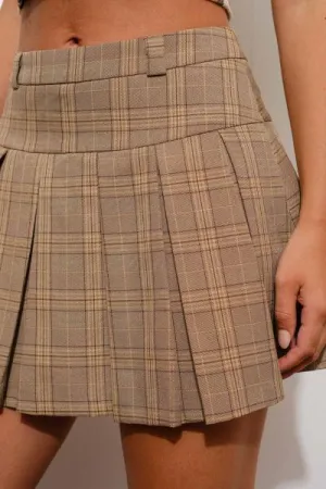 Plaid Pleated Mini Skirt - Brown -