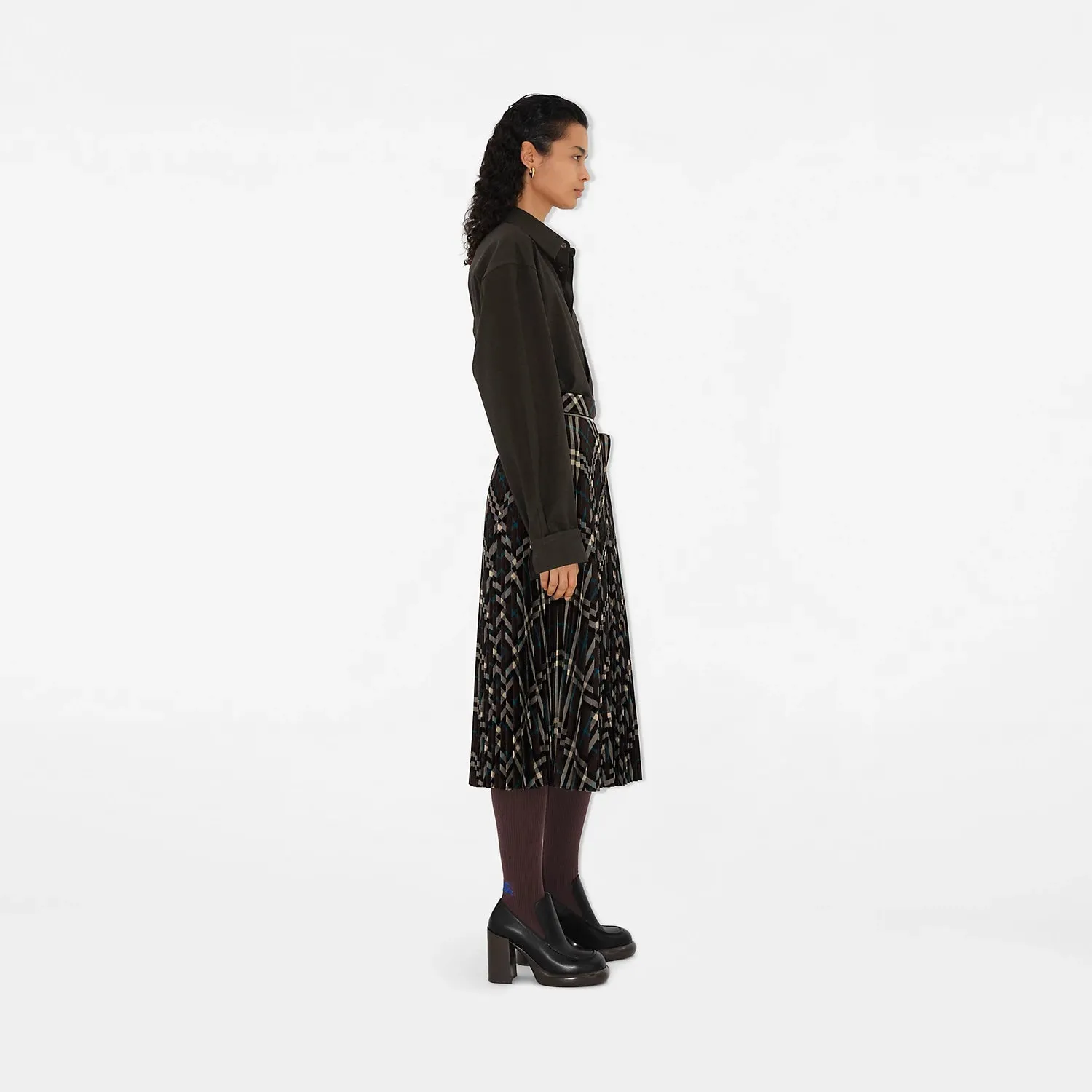 Pleated Check Wool Blend Skirt