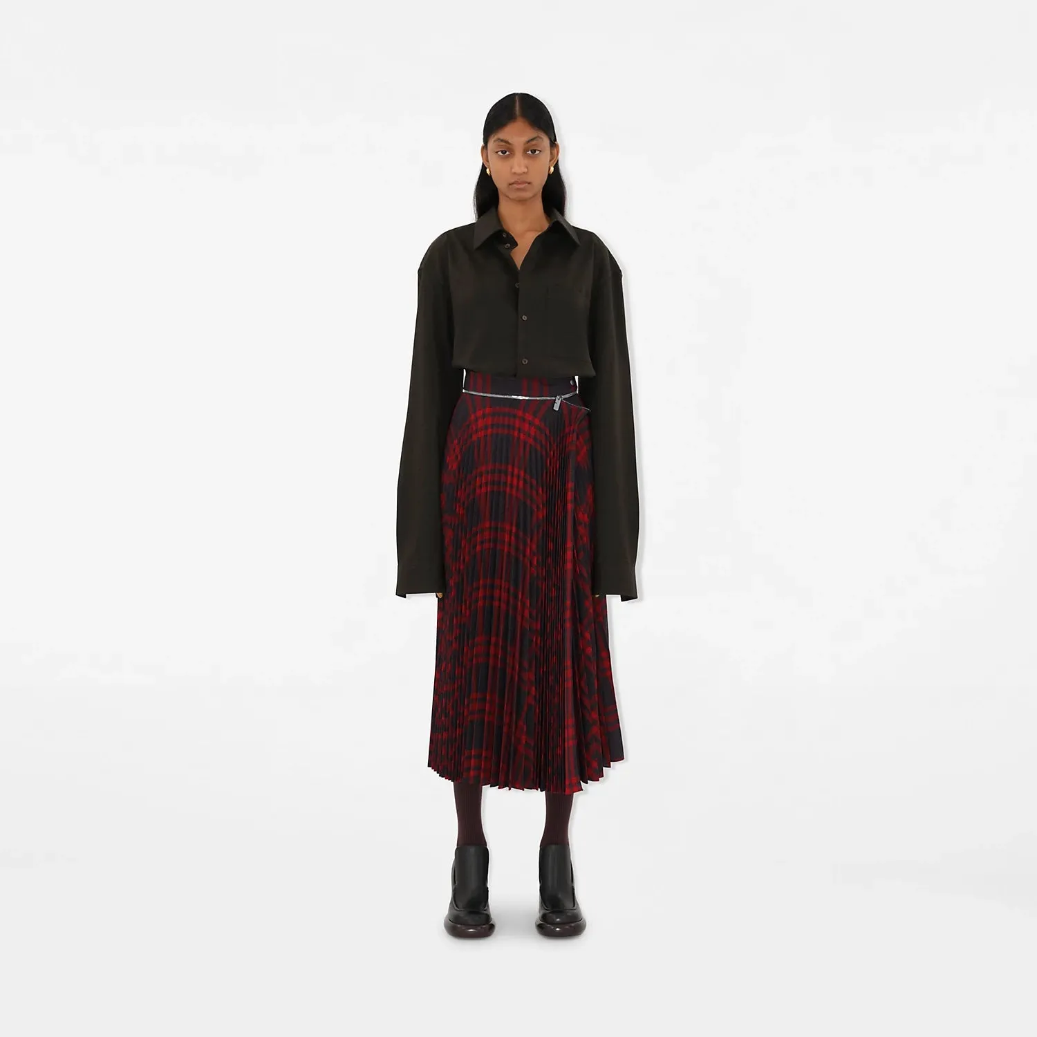 Pleated Check Wool Blend Skirt