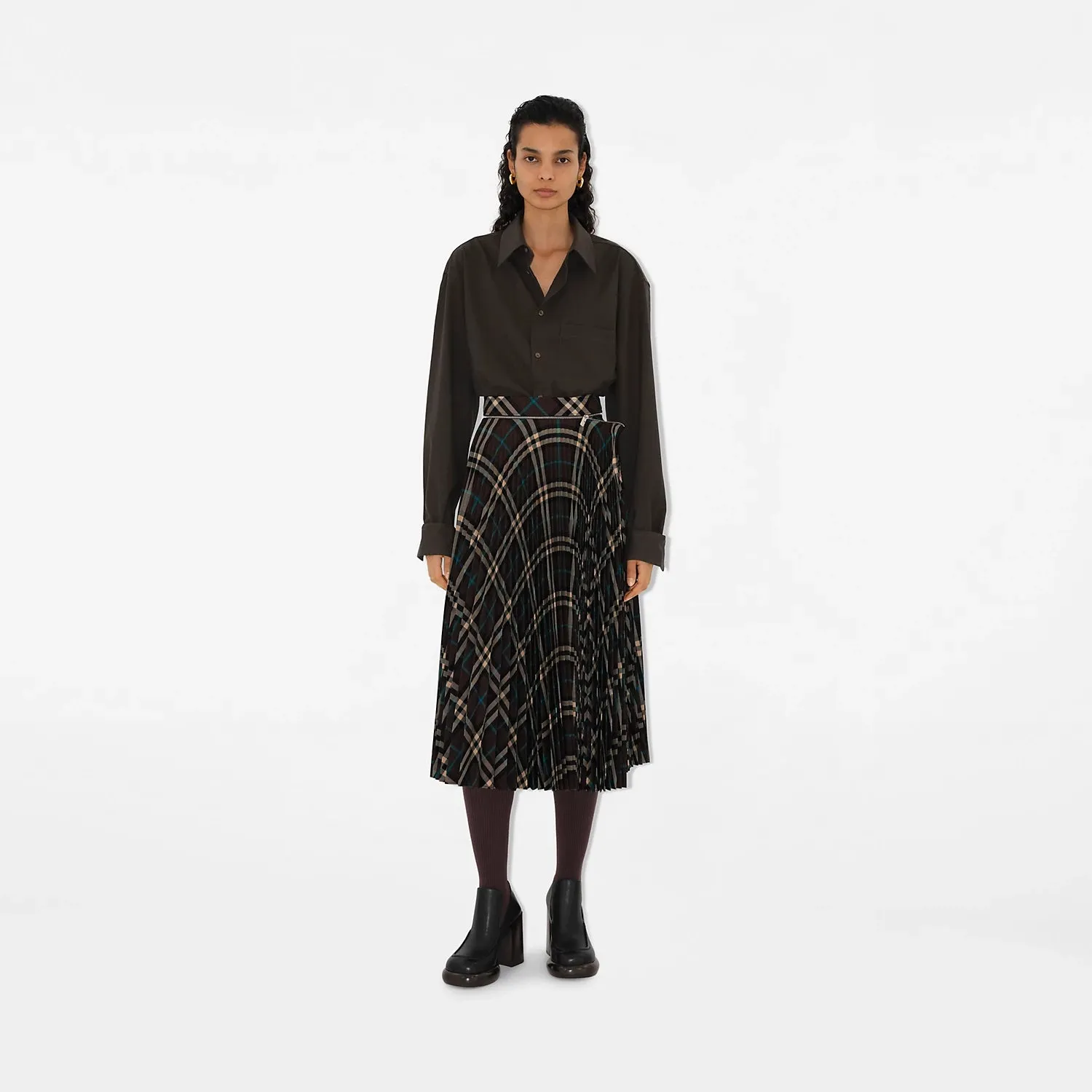 Pleated Check Wool Blend Skirt