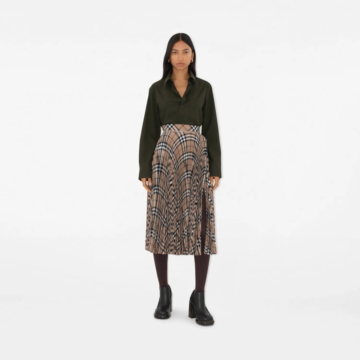 Pleated Check Wool Blend Skirt