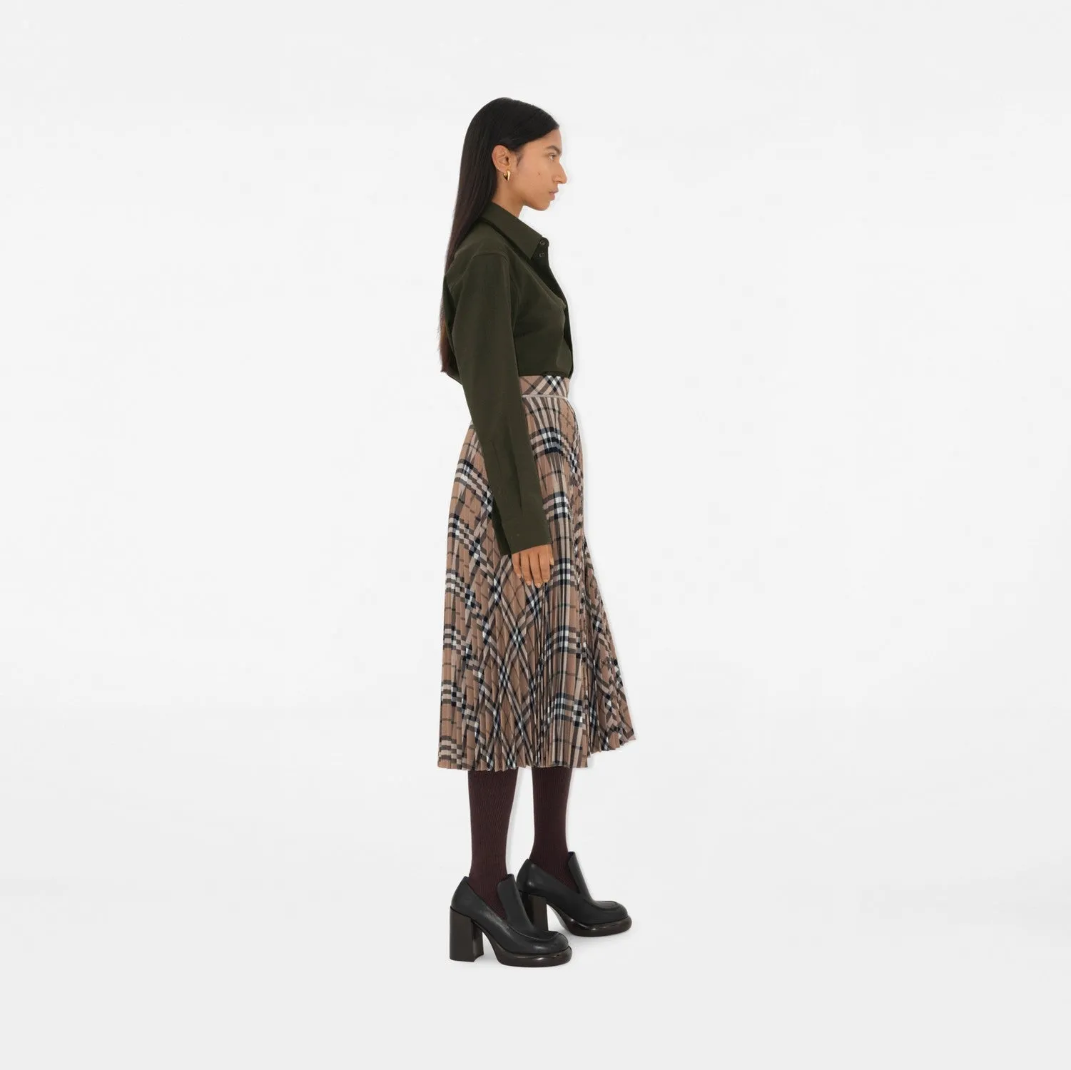 Pleated Check Wool Blend Skirt