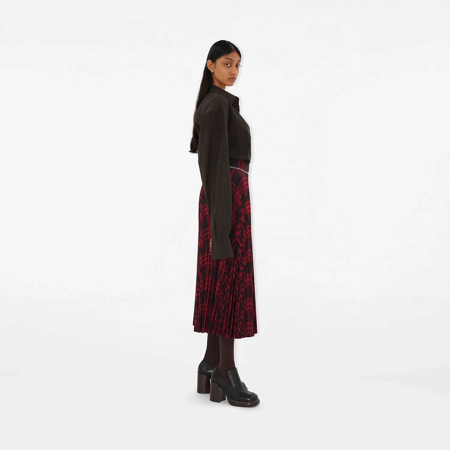 Pleated Check Wool Blend Skirt