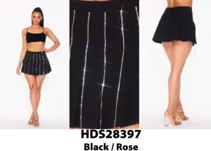 Pleated Skirt with Rhinestone Chains - Black/Rose -