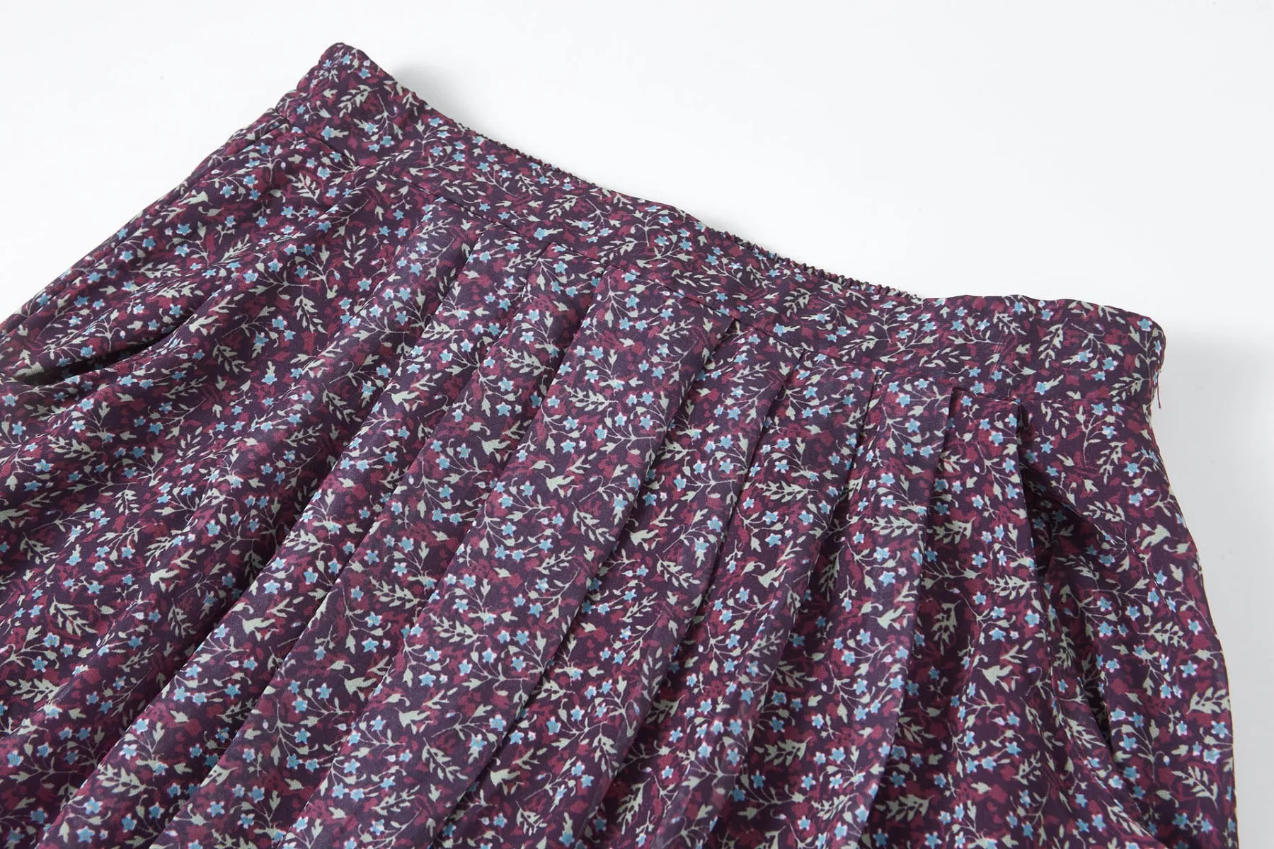 Plum Floral Pleated Maxi Chiffon Skirt