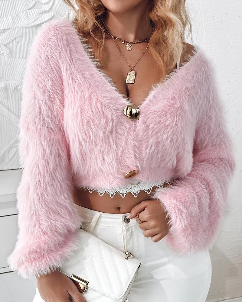 Plunge Long Sleeve Buttoned Fuzzy Knit Cardigan