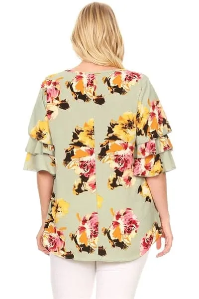 Plus Size Tiered Layered Sleeve Floral Print Top Sage Coral - Pack of 6