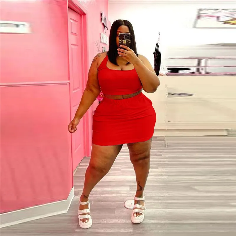 Plus Size Two Piece Sexy Crop Top and Skirt Suit