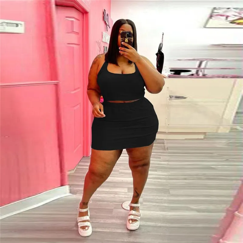 Plus Size Two Piece Sexy Crop Top and Skirt Suit
