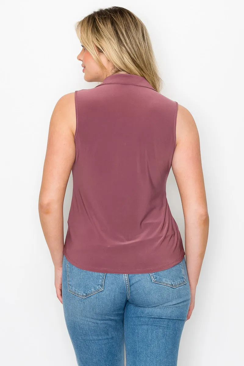 Point Collar Half Placket Sleeveless Shirt