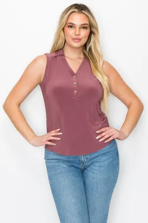 Point Collar Half Placket Sleeveless Shirt