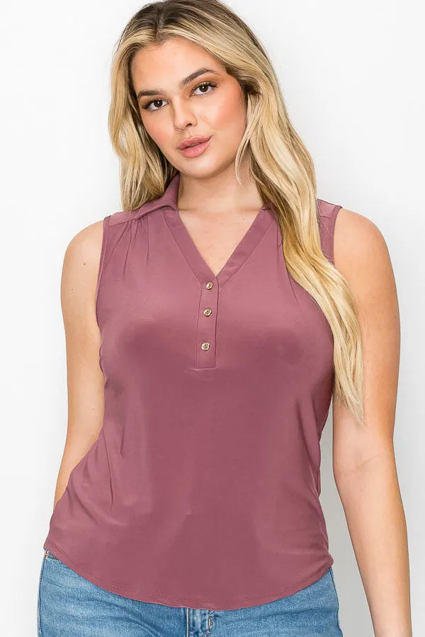 Point Collar Half Placket Sleeveless Shirt