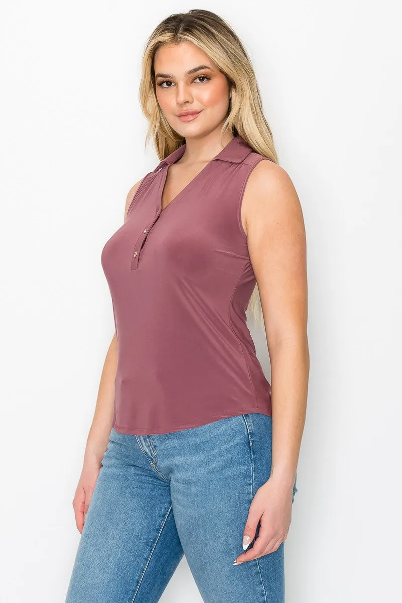 Point Collar Half Placket Sleeveless Shirt