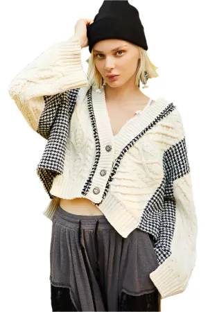 POL Cable-Knit Plaid V-Neck Button Up Cardigan
