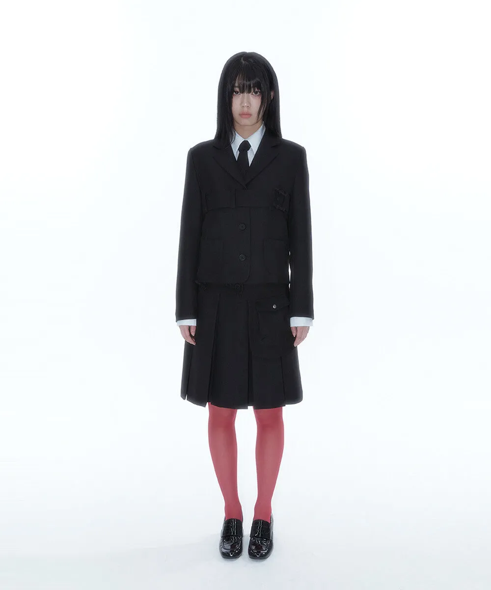 Ribbon Preppy Pleated Skirt (Black)