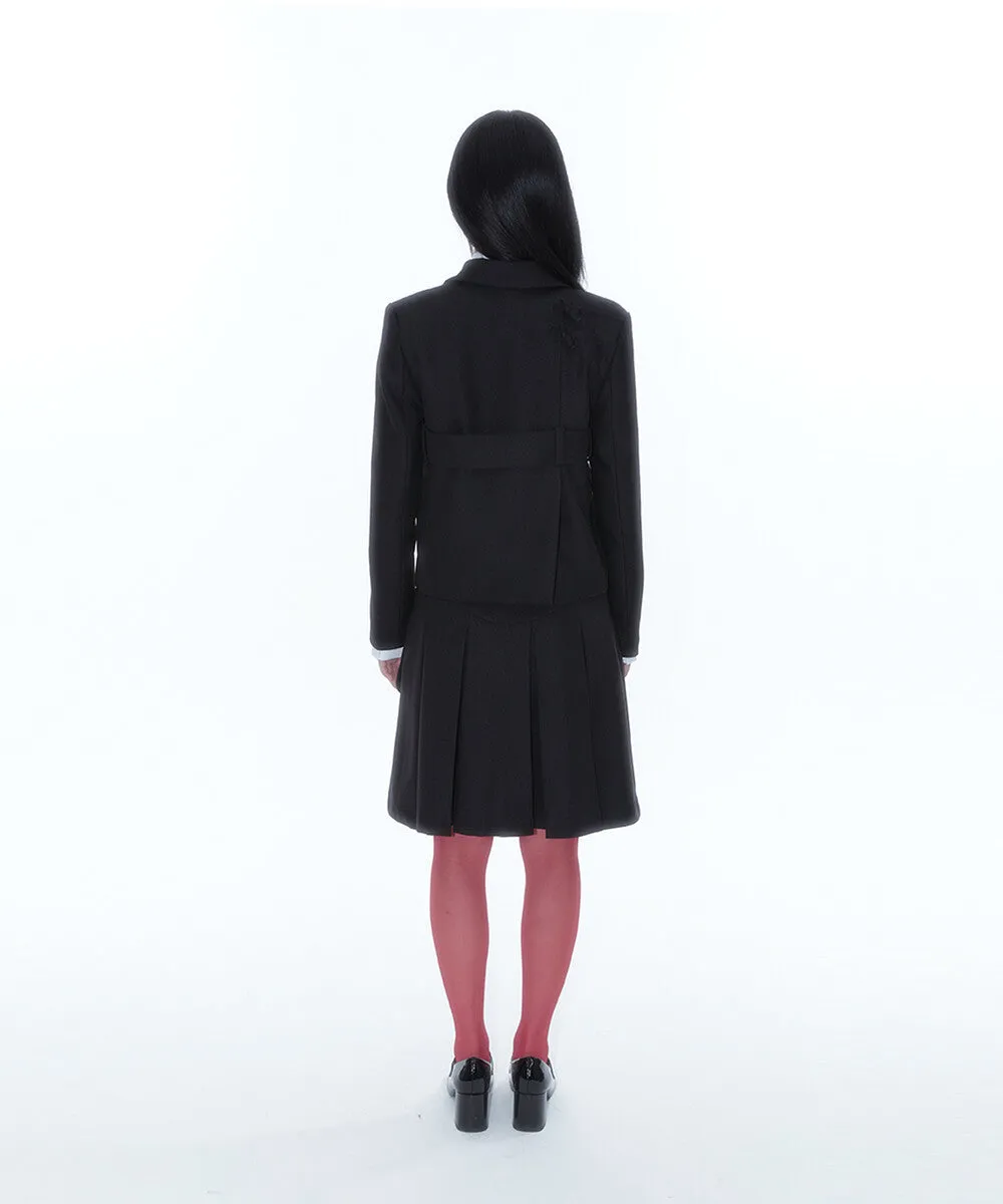 Ribbon Preppy Pleated Skirt (Black)