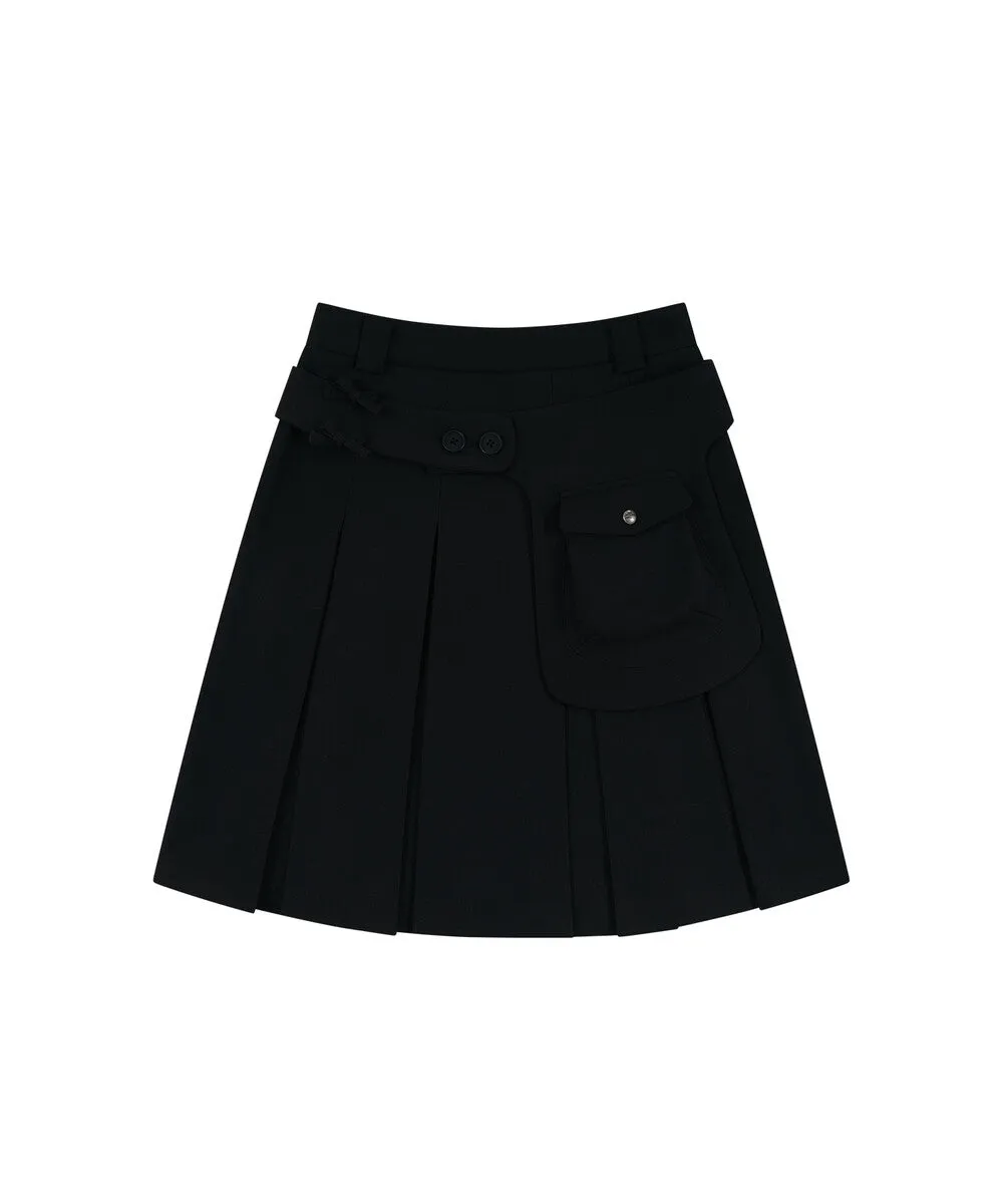 Ribbon Preppy Pleated Skirt (Black)