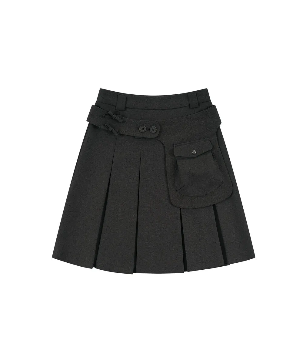 Ribbon Preppy Pleated Skirt (Charcoal)