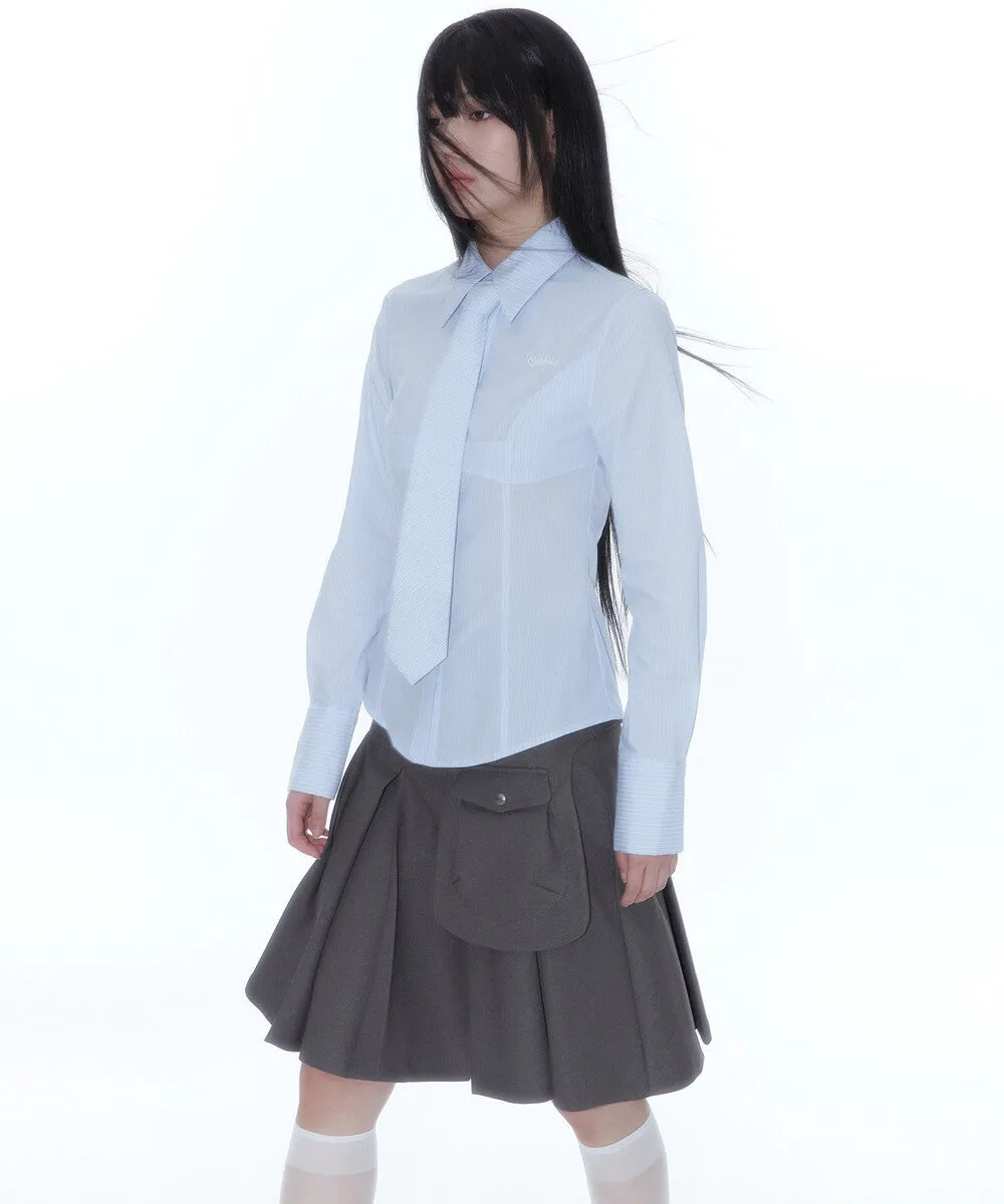 Ribbon Preppy Pleated Skirt (Charcoal)