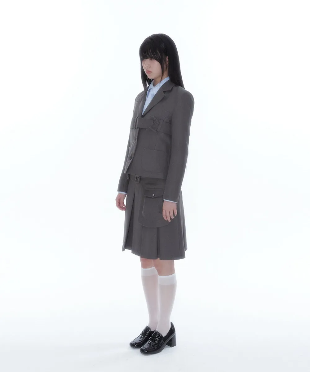 Ribbon Preppy Pleated Skirt (Charcoal)
