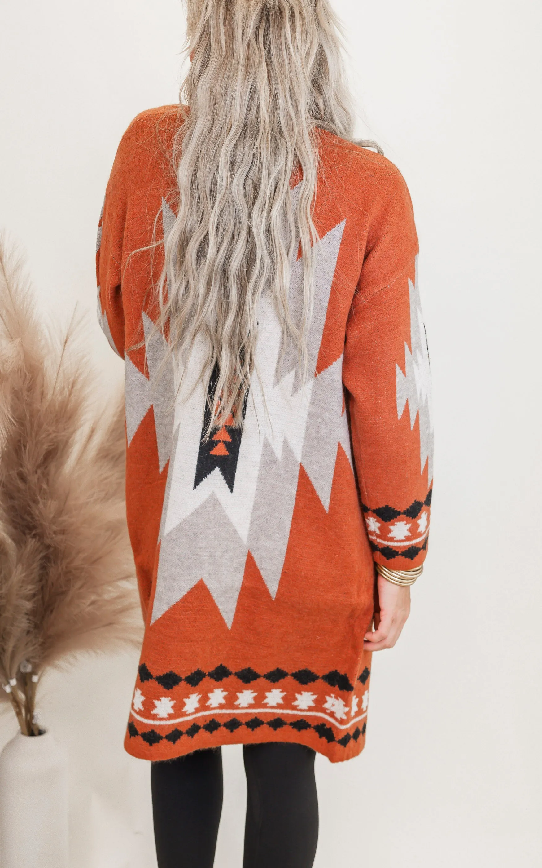 Rust Tribal Geometric Print Long Cardigan - Final Sale
