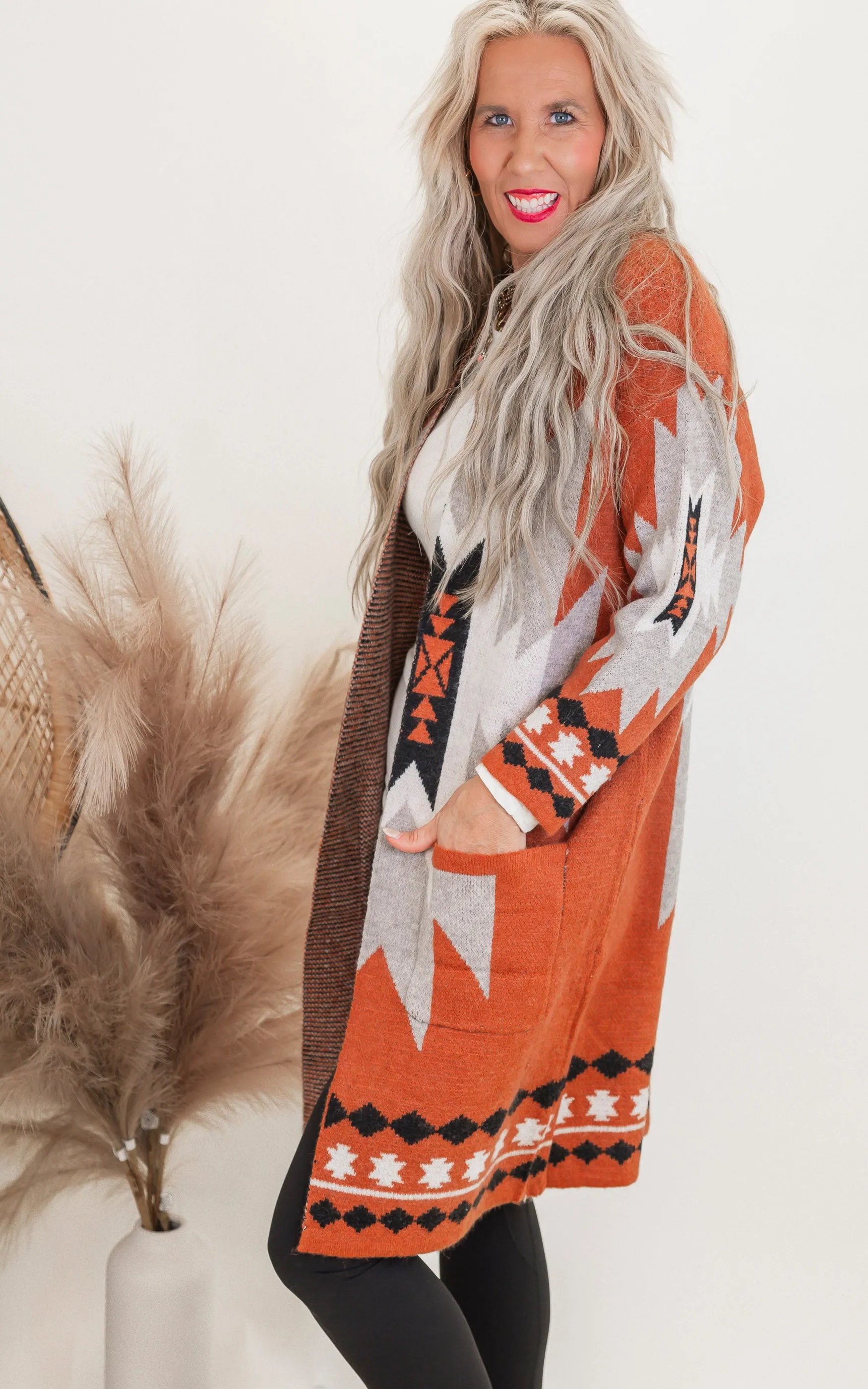 Rust Tribal Geometric Print Long Cardigan - Final Sale