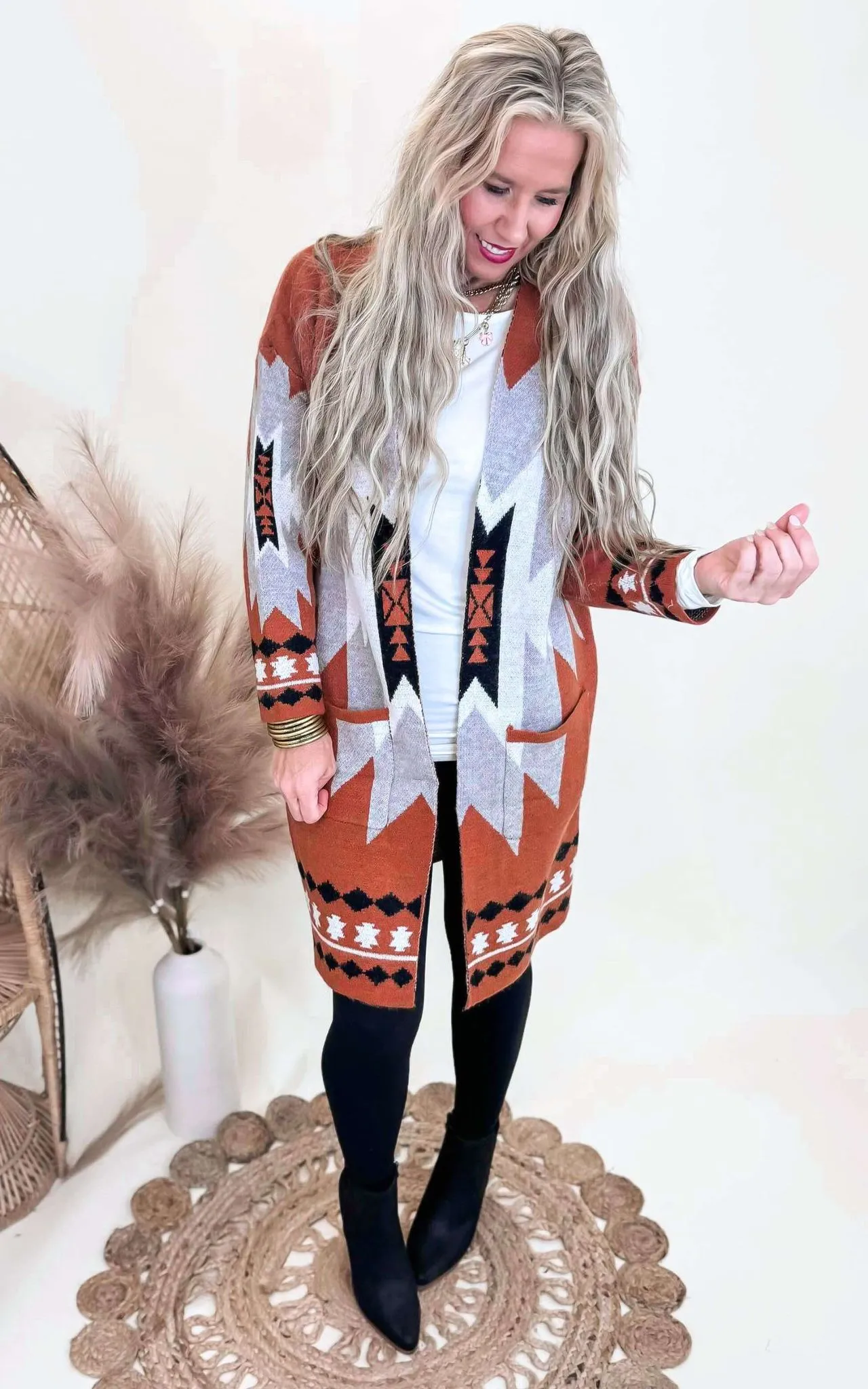 Rust Tribal Geometric Print Long Cardigan - Final Sale