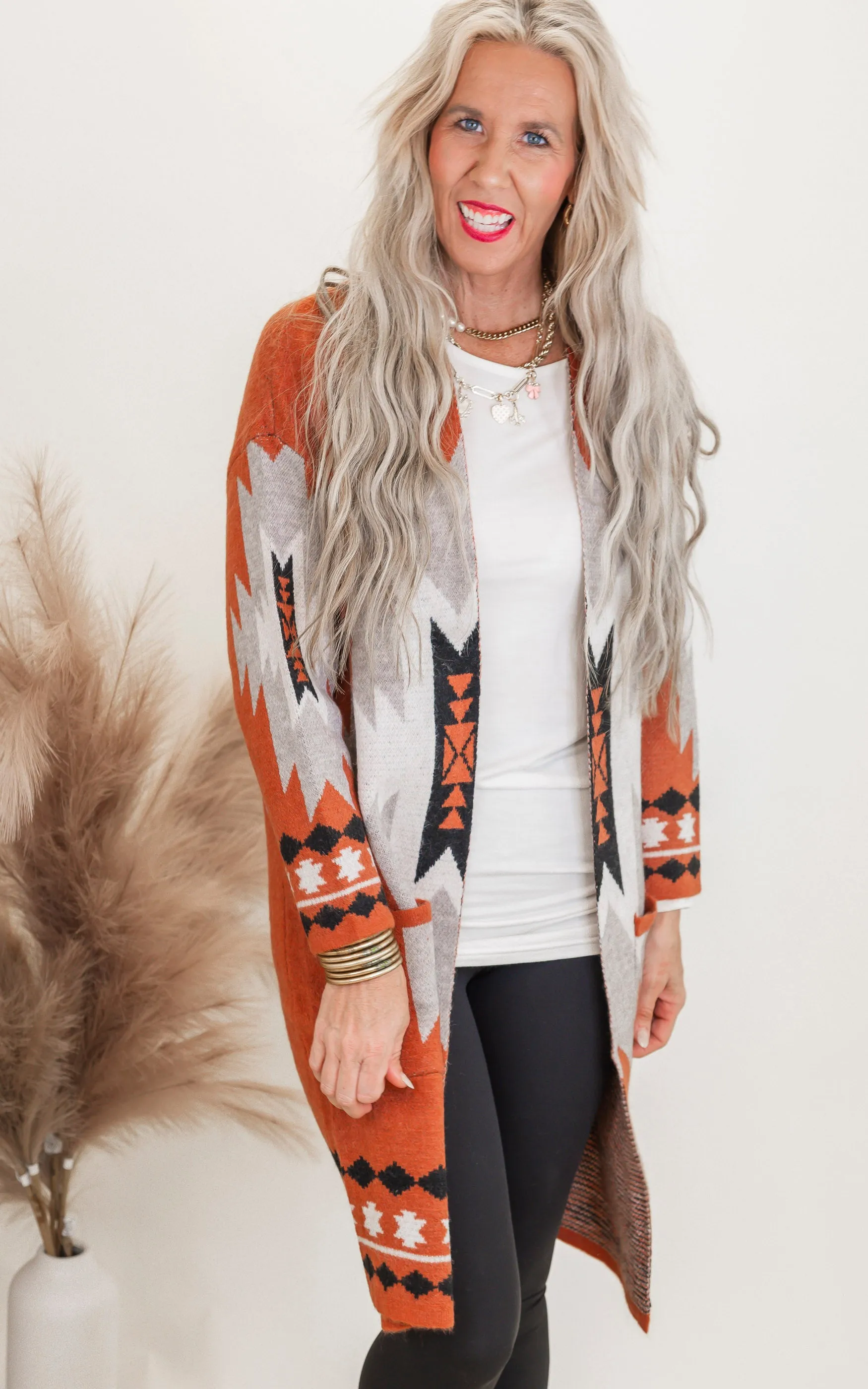 Rust Tribal Geometric Print Long Cardigan - Final Sale