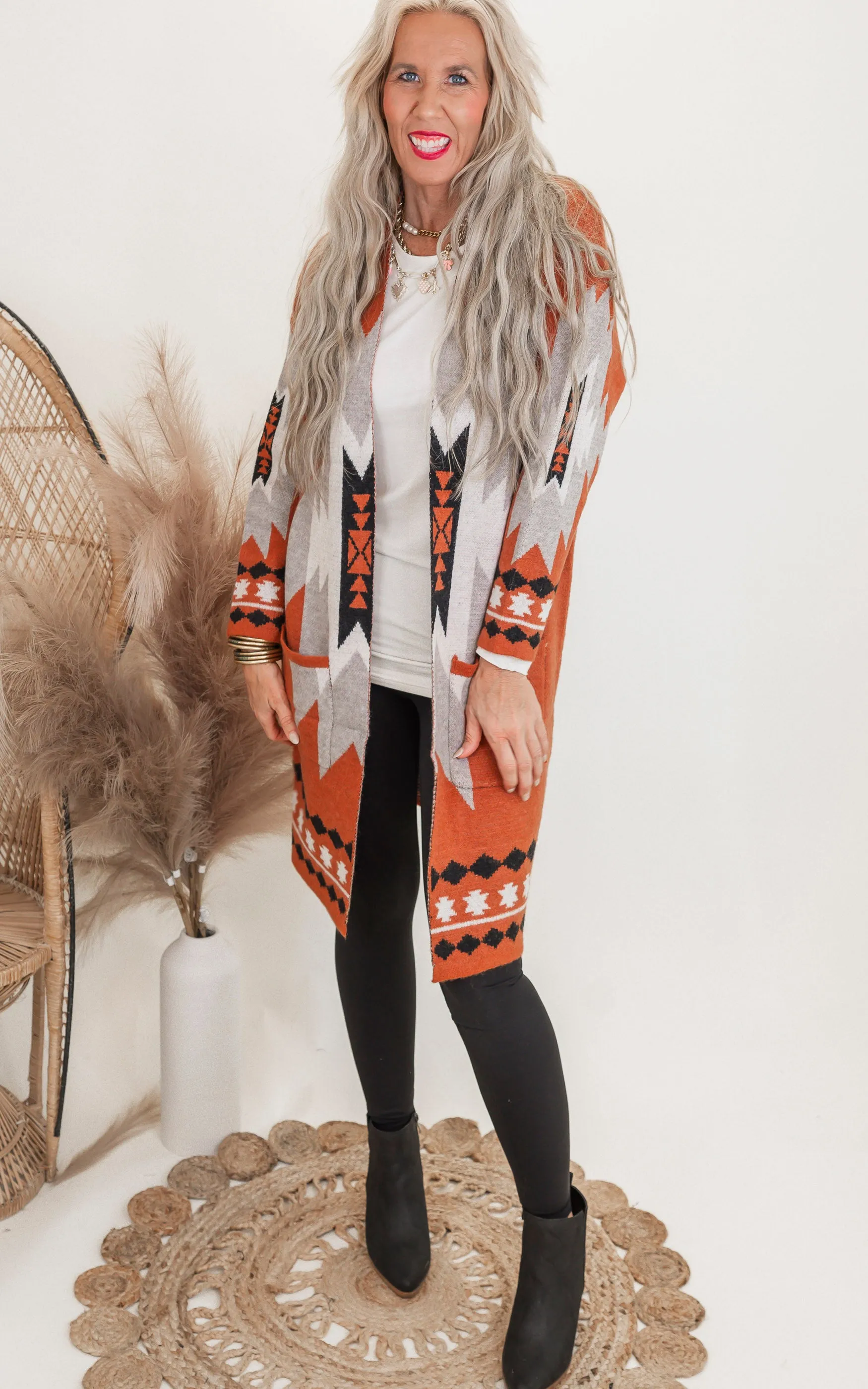 Rust Tribal Geometric Print Long Cardigan - Final Sale